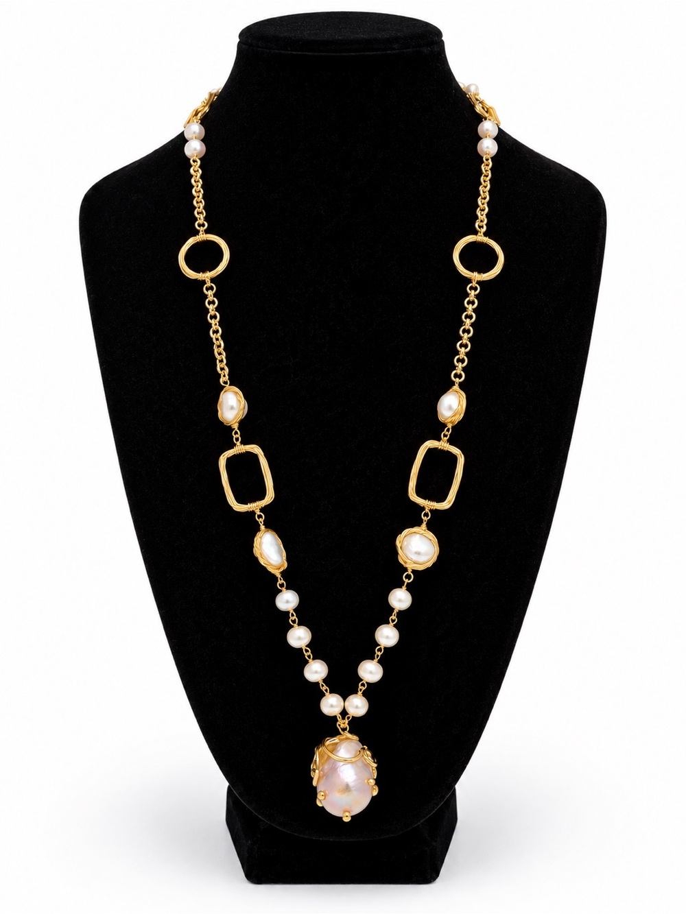 Handmade Freshwater Pearl Gold Tone Long Statement Necklace